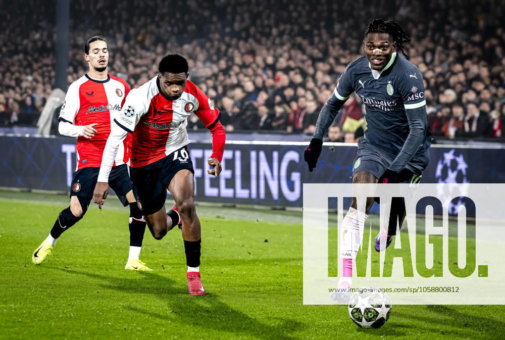 Feyenoord Rotterdam midfielder Givairo Read, AC Milan forwarder Rafael Leao during the match Feyenoord AC Milan at the Stadium De Kuip for the UEFA Champions League Knockout phase play offs1st leg season 2024 2025 in ROTTERDAM, Netherlands on 12 february 2025, photo by Marcel van Dorst EYE4images DeFodi Images Defodi 746 215593 Defodi-746