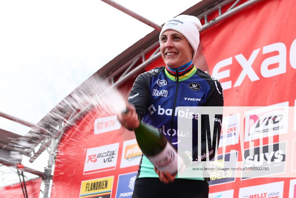 Dutch Lucinda Brand celebrates on the podium after winning the women s elite race of the cyclocross cycling event, race 7 7 in the Exact Cross competition, Saturday 15 February 2025 in Sint-Niklaas. DAVIDxPINTENS x112504576x