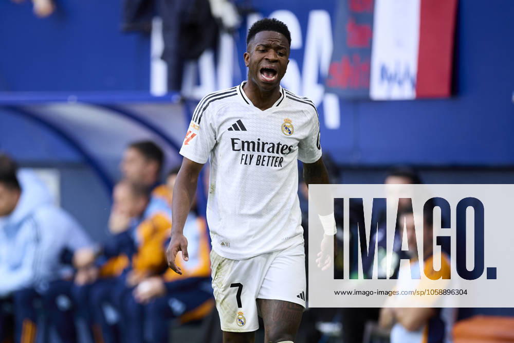 CA Osasuna v Real Madrid CF - LaLiga EA Sports Vinicius Junior Vini Jr of Real Madrid CF reacts during the LaLiga EA Sports match between CA Osasuna and Real Madrid CF at El Sadar on February 15, 2025, in Pamplona, Spain. Pamplona El Sadar Navarra Spain RL_OSAvRMCF_000129