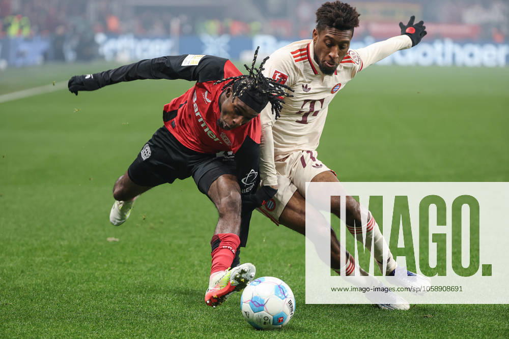 1 Bundesliga Bayer 04 Leverkusen FC Bayern Munich on 15 02 2025 at the BayArena in Leverkusen Jeremie Frimpong Leverkusen 30 vs Kingsley Coman Muenchen 11 MH