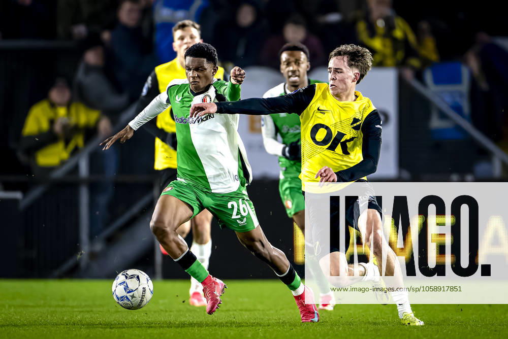 Feyenoord Rotterdam midfielder Givairo Read, NAC Breda forwarder Leo Sauer during the match NAC Feyenoord at the Rat Verlegh stadium for the Dutch Eredivisie season 2024 2025 in BREDA, Netherlands on 15 february 2025, photo by Marcel van Dorst EYE4images DeFodi Images Defodi 746 216348 Defodi-746
