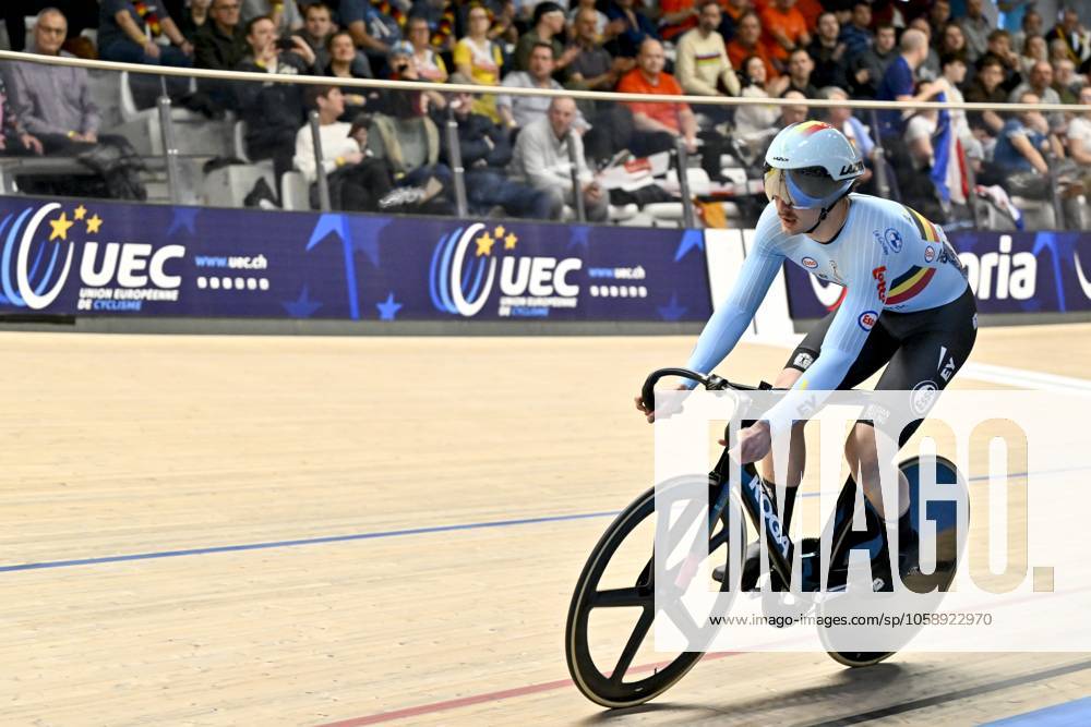Belgian Lowie Nulens pictured in action during the men s Keirin first round at the 2025 UEC Track Elite European Championships, in Heusden-Zolder, Belgium, Sunday 16 February 2025. The European Championships take place from 12 to 16 February. DIRKxWAEM x112582784x