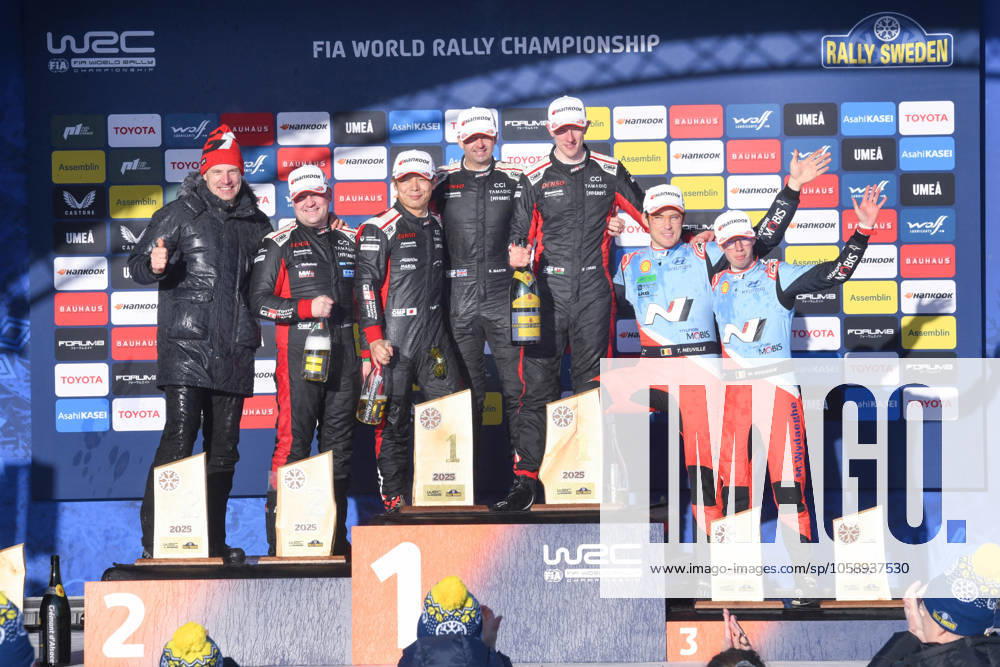 MOTORI - Rally - WRC, Motorsport Rallye, WM Rally Sweden Jari-Matti Latvala And Driver Takamoto Katsuta And Co-Driver Aaron Johnston , And Driver Elfyn Evans And Co-Driver Scott Martin And Driver Thierry Neuville And Co-Driver Martijn Wydaeghe In Celebrating The Final Podium ,During Fia World Rally Championship Wrc Rally Sweden 2025 16 February,Umea? Sweden Sweden Sweden