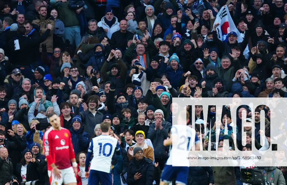 James Maddison of Tottenham Hotspur celebrates scoring the opening goal with fans Tottenham Hotspur v Manchester United, ManU Premier League, Football, Tottenham Hotspur Stadium, London, UK - 16 Feb 2025