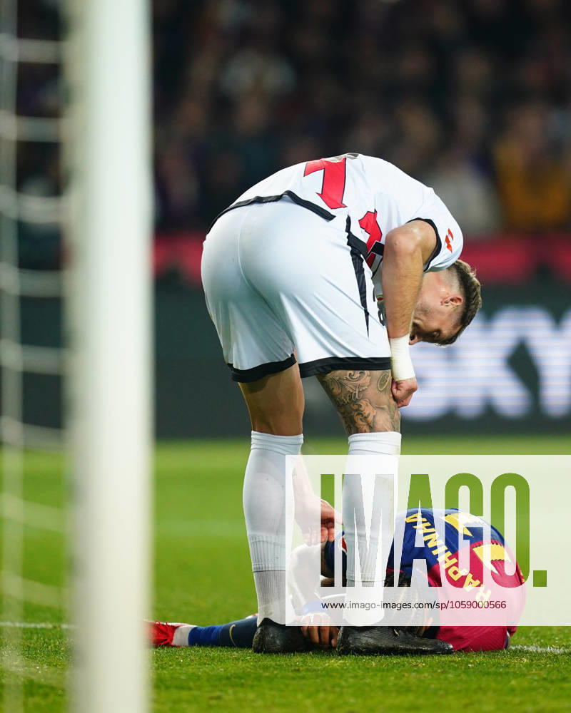 FC Barcelona, Barca Rayo Vallecano. La Liga EA Sports match. Date 24 Florian Lejeune of Rayo Vallecano and Raphael Dias Belloli Raphinha of FC Barcelona during the La Liga EA Sports match between FC Barcelona and Rayo Vallecano played at Lluis Companys Stadium on February 17, 2025 in Barcelona, Spain. kpng