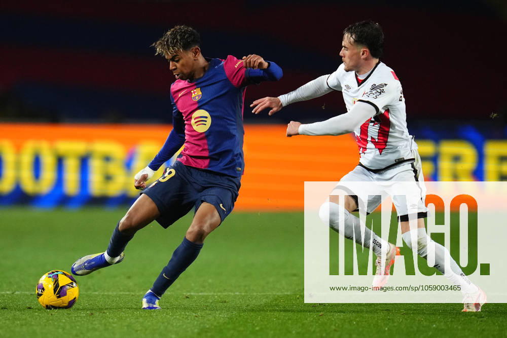FC Barcelona, Barca Rayo Vallecano. La Liga EA Sports match. Date 24 Lamine Yamal of FC Barcelona and Pep Chavarria of Rayo Vallecano during the La Liga EA Sports match between FC Barcelona and Rayo Vallecano played at Lluis Companys Stadium on February 17, 2025 in Barcelona, Spain. kpng
