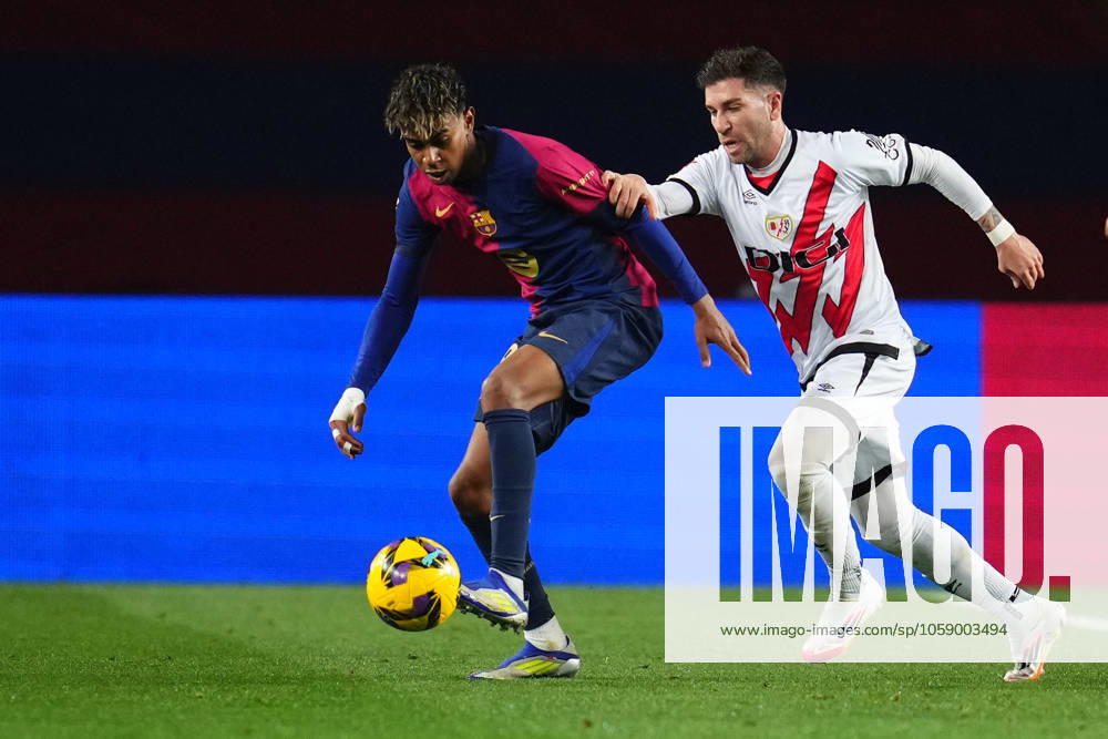 FC Barcelona, Barca Rayo Vallecano. La Liga EA Sports match. Date 24 Lamine Yamal of FC Barcelona and Adrian Embarba of Rayo Vallecano during the La Liga EA Sports match between FC Barcelona and Rayo Vallecano played at Lluis Companys Stadium on February 17, 2025 in Barcelona, Spain. kpng