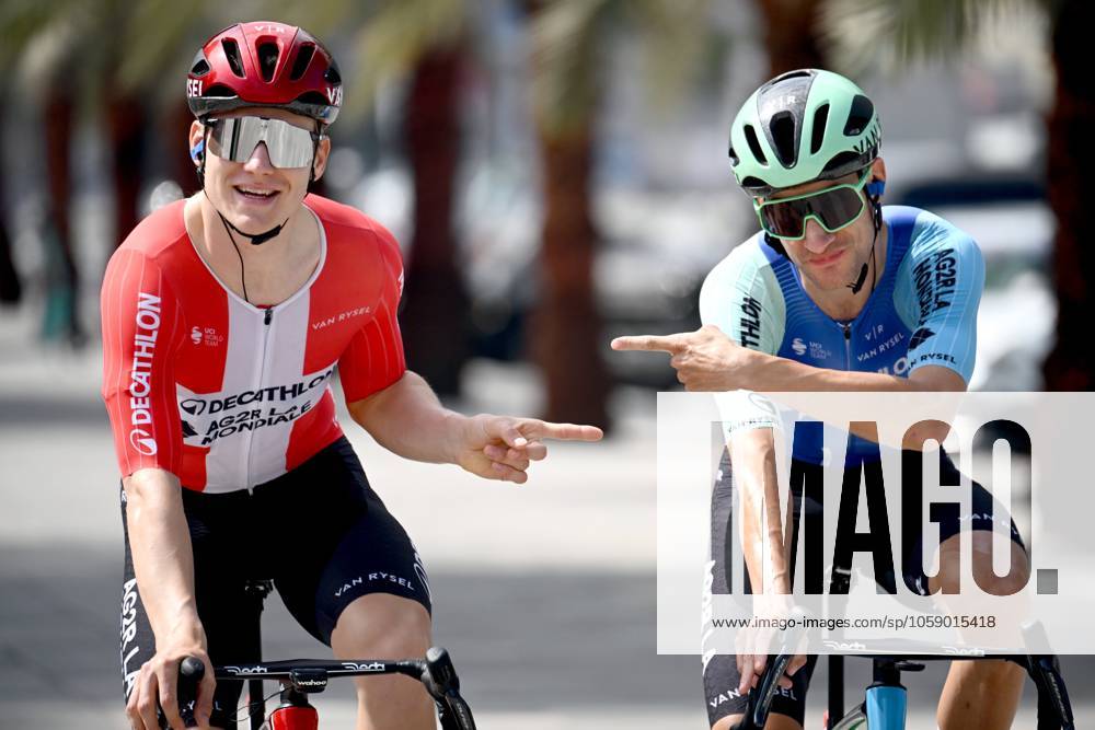 UAE Tour 2025 - Stage 3 JEBEL JAIS, UNITED ARAB EMIRATES - FEBRUARY 19 : Bouchard Geoffrey (FRA) of Decathlon AG2R La Mondiale Team and Pedersen Sojberg Rasmus (DEN) of Decathlon AG2R La Mondiale Team pictured during Stage 3 of the UAE Tour 2025 cycling race with start in Ras Al Khaimah and finish in Jebel Jais (181km) on February 19, 2025 in Jebel Jais, United Arab Emirates, 19 02 2025 Jebel Jais United Arab Emirates