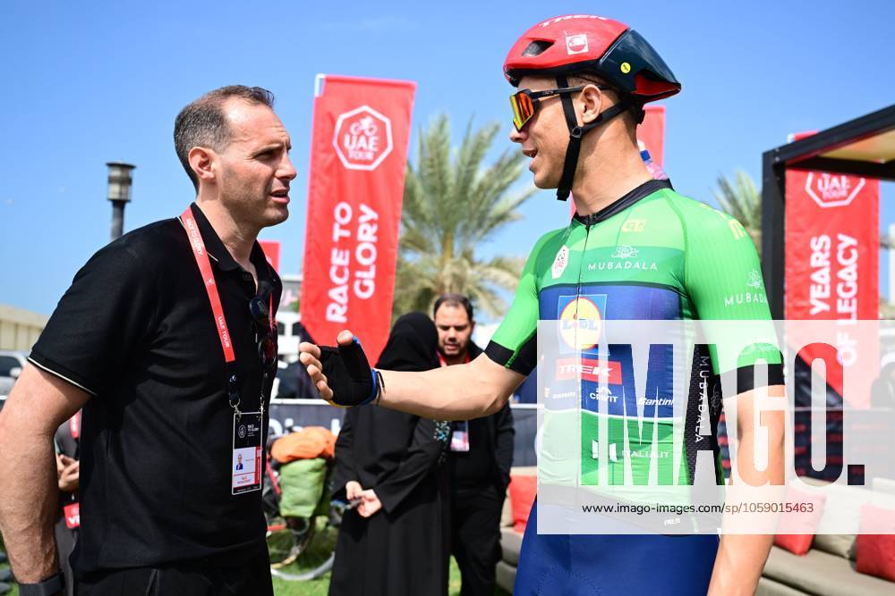 UAE Tour 2025 - Stage 3 JEBEL JAIS, UNITED ARAB EMIRATES - FEBRUARY 19 : Milan Jonathan (ITA) of Lidl-Trek and Fabrizio D amico Race Director pictured during Stage 3 of the UAE Tour 2025 cycling race with start in Ras Al Khaimah and finish in Jebel Jais (181km) on February 19, 2025 in Jebel Jais, United Arab Emirates, 19 02 2025 Jebel Jais United Arab Emirates
