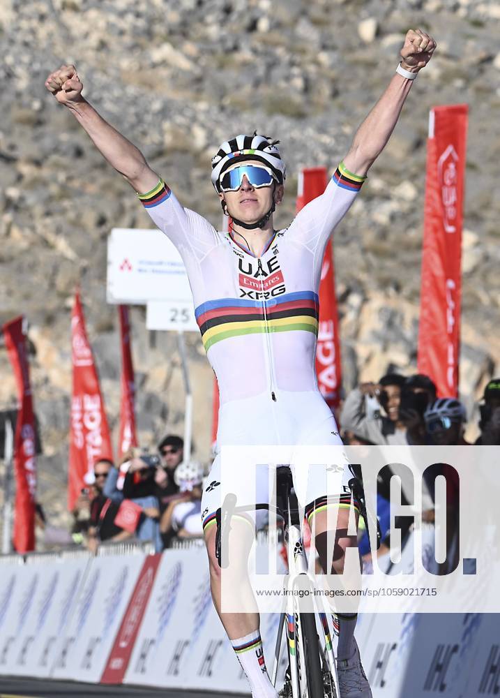 UAE Tour 2025 - Stage 3 JEBEL JAIS, UNITED ARAB EMIRATES - FEBRUARY 19 : Pogacar Tadej (SLO) of UAE Team Emirates wins during Stage 3 of the UAE Tour 2025 cycling race with start in Ras Al Khaimah and finish in Jebel Jais (181km) on February 19, 2025 in Jebel Jais, United Arab Emirates, 19 02 2025 Jebel Jais United Arab Emirates