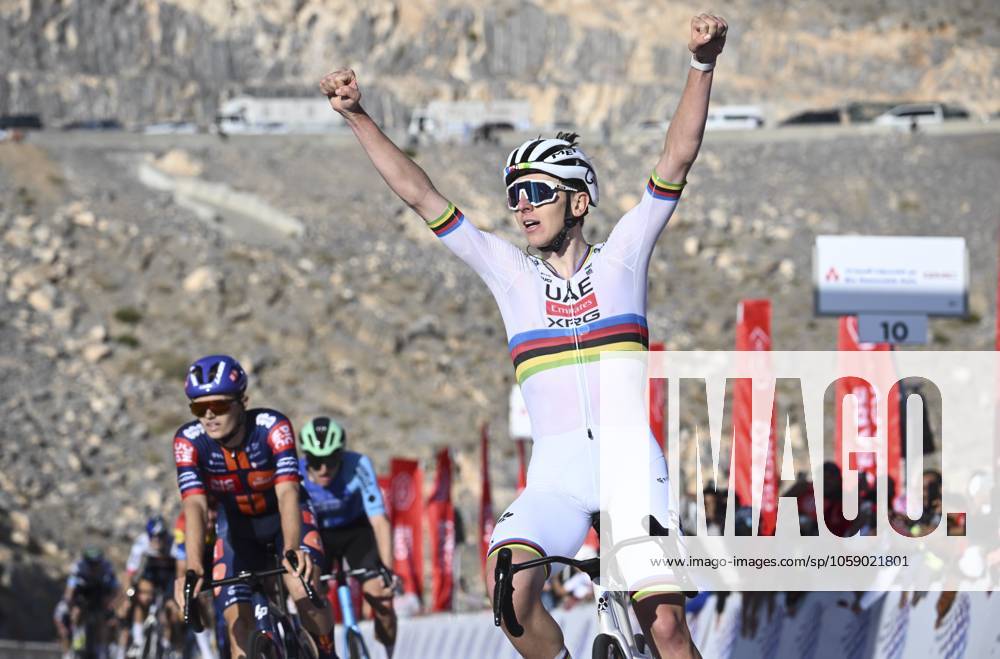 UAE Tour 2025 - Stage 3 JEBEL JAIS, UNITED ARAB EMIRATES - FEBRUARY 19 : Pogacar Tadej (SLO) of UAE Team Emirates wins during Stage 3 of the UAE Tour 2025 cycling race with start in Ras Al Khaimah and finish in Jebel Jais (181km) on February 19, 2025 in Jebel Jais, United Arab Emirates, 19 02 2025 Jebel Jais United Arab Emirates