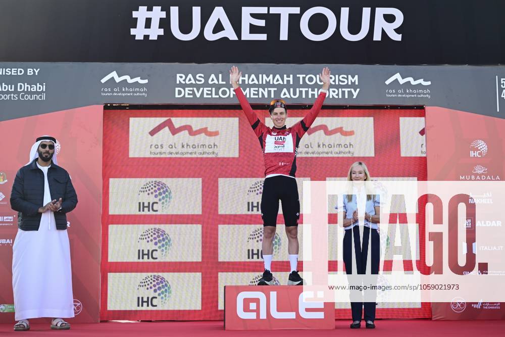 UAE Tour 2025 - Stage 3 JEBEL JAIS, UNITED ARAB EMIRATES - FEBRUARY 19 : Pogacar Tadej (SLO) of UAE Team Emirates pictured during the podium ceremony of Stage 3 of the UAE Tour 2025 cycling race with start in Ras Al Khaimah and finish in Jebel Jais (181km) on February 19, 2025 in Jebel Jais, United Arab Emirates, 19 02 2025 Jebel Jais United Arab Emirates
