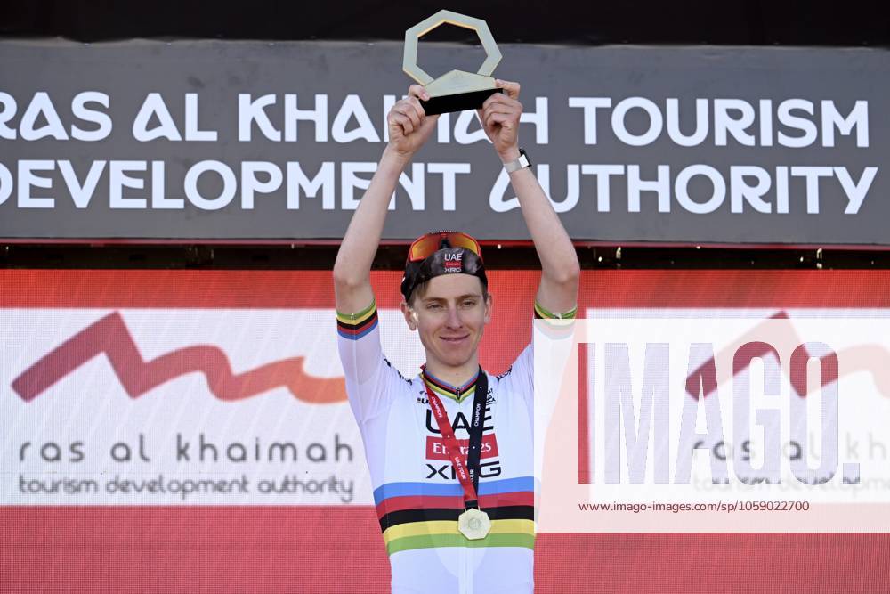 UAE Tour 2025 - Stage 3 JEBEL JAIS, UNITED ARAB EMIRATES - FEBRUARY 19 : Pogacar Tadej (SLO) of UAE Team Emirates pictured during the podium ceremony of Stage 3 of the UAE Tour 2025 cycling race with start in Ras Al Khaimah and finish in Jebel Jais (181km) on February 19, 2025 in Jebel Jais, United Arab Emirates, 19 02 2025 Jebel Jais United Arab Emirates