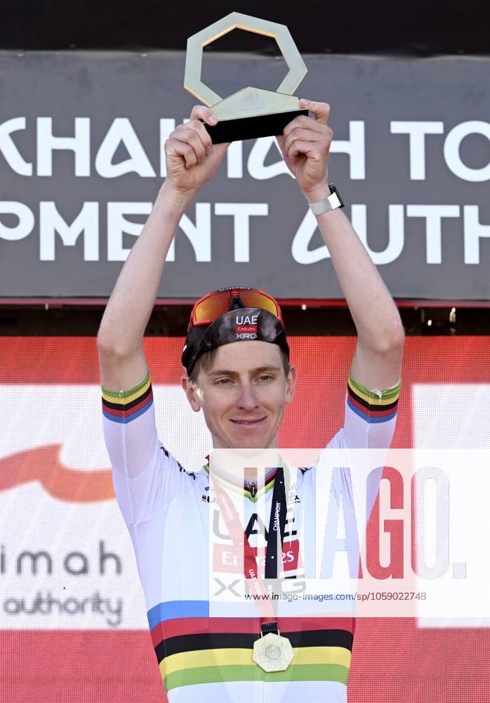 UAE Tour 2025 - Stage 3 JEBEL JAIS, UNITED ARAB EMIRATES - FEBRUARY 19 : Pogacar Tadej (SLO) of UAE Team Emirates pictured during the podium ceremony of Stage 3 of the UAE Tour 2025 cycling race with start in Ras Al Khaimah and finish in Jebel Jais (181km) on February 19, 2025 in Jebel Jais, United Arab Emirates, 19 02 2025 Jebel Jais United Arab Emirates