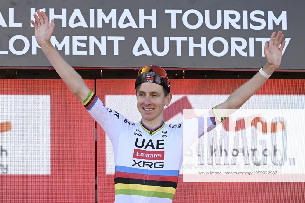 UAE Tour 2025 - Stage 3 JEBEL JAIS, UNITED ARAB EMIRATES - FEBRUARY 19 : Pogacar Tadej (SLO) of UAE Team Emirates pictured during the podium ceremony of Stage 3 of the UAE Tour 2025 cycling race with start in Ras Al Khaimah and finish in Jebel Jais (181km) on February 19, 2025 in Jebel Jais, United Arab Emirates, 19 02 2025 Jebel Jais United Arab Emirates