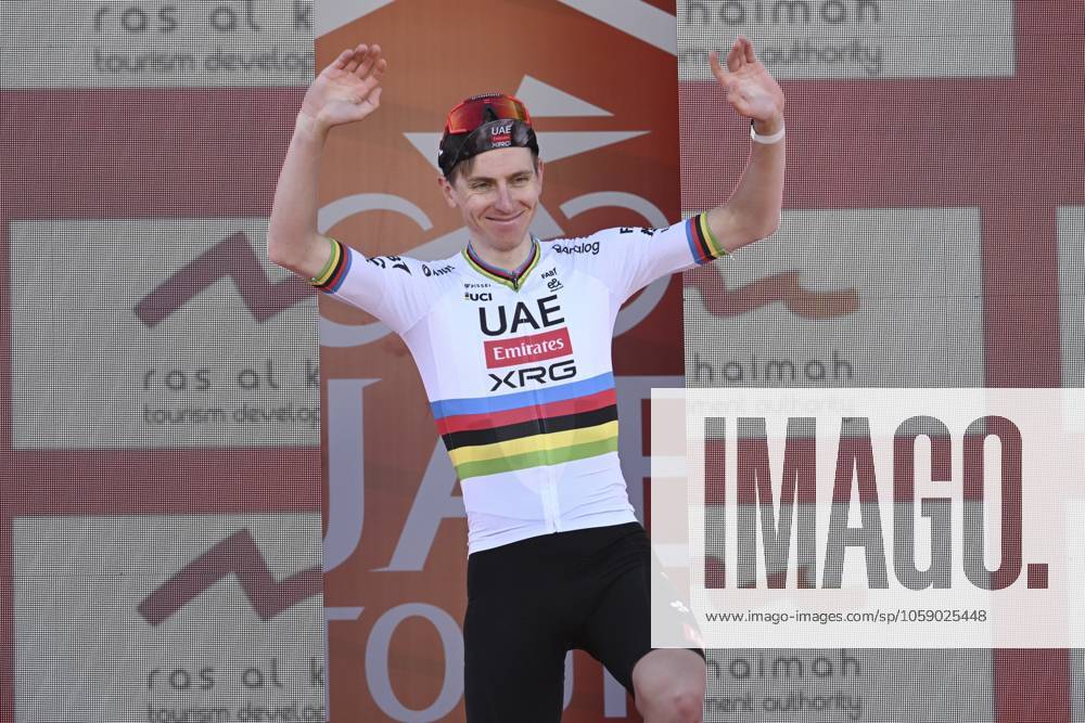 UAE Tour 2025 - Stage 3 JEBEL JAIS, UNITED ARAB EMIRATES - FEBRUARY 19 : Pogacar Tadej (SLO) of UAE Team Emirates pictured during the podium ceremony of Stage 3 of the UAE Tour 2025 cycling race with start in Ras Al Khaimah and finish in Jebel Jais (181km) on February 19, 2025 in Jebel Jais, United Arab Emirates, 19 02 2025 Jebel Jais United Arab Emirates