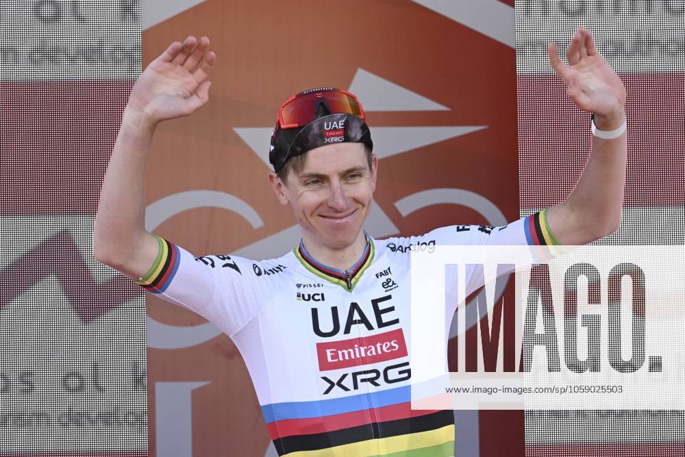 UAE Tour 2025 - Stage 3 JEBEL JAIS, UNITED ARAB EMIRATES - FEBRUARY 19 : Pogacar Tadej (SLO) of UAE Team Emirates pictured during the podium ceremony of Stage 3 of the UAE Tour 2025 cycling race with start in Ras Al Khaimah and finish in Jebel Jais (181km) on February 19, 2025 in Jebel Jais, United Arab Emirates, 19 02 2025 Jebel Jais United Arab Emirates
