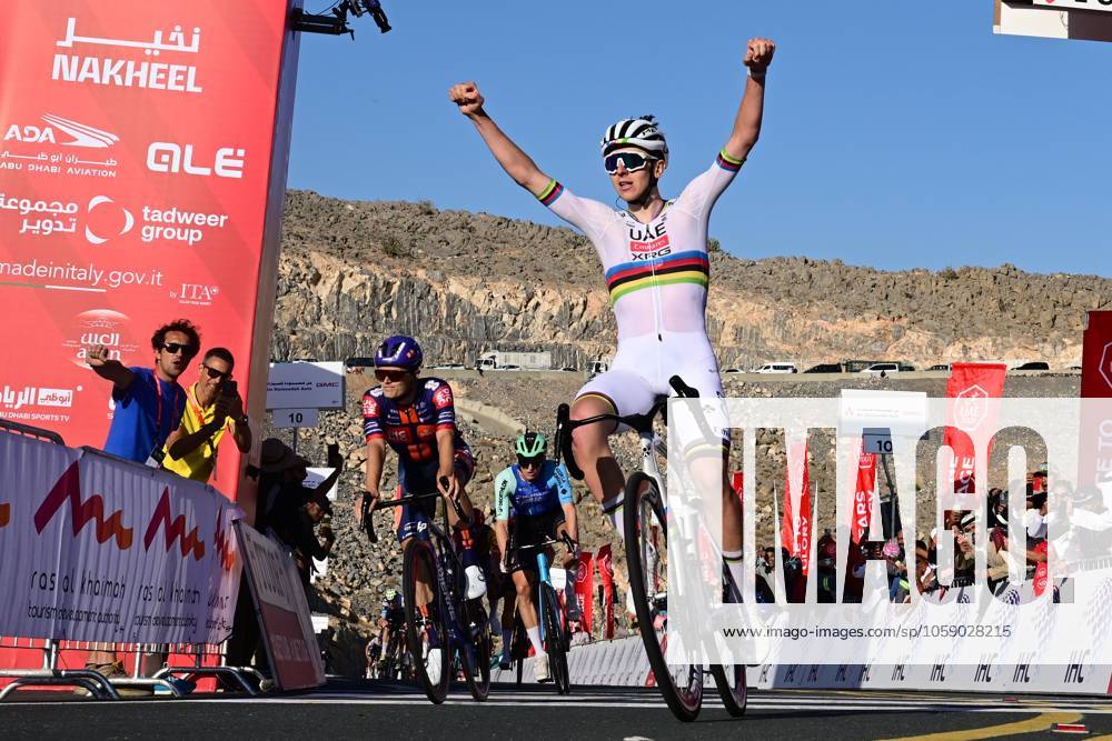 UAE Tour 2025 - Stage 3 JEBEL JAIS, UNITED ARAB EMIRATES - FEBRUARY 19 : Pogacar Tadej (SLO) of UAE Team Emirates celebrates the victory during Stage 3 of the UAE Tour 2025 cycling race with start in Ras Al Khaimah and finish in Jebel Jais (181km) on February 19, 2025 in Jebel Jais, United Arab Emirates, 19 02 2025 Jebel Jais United Arab Emirates