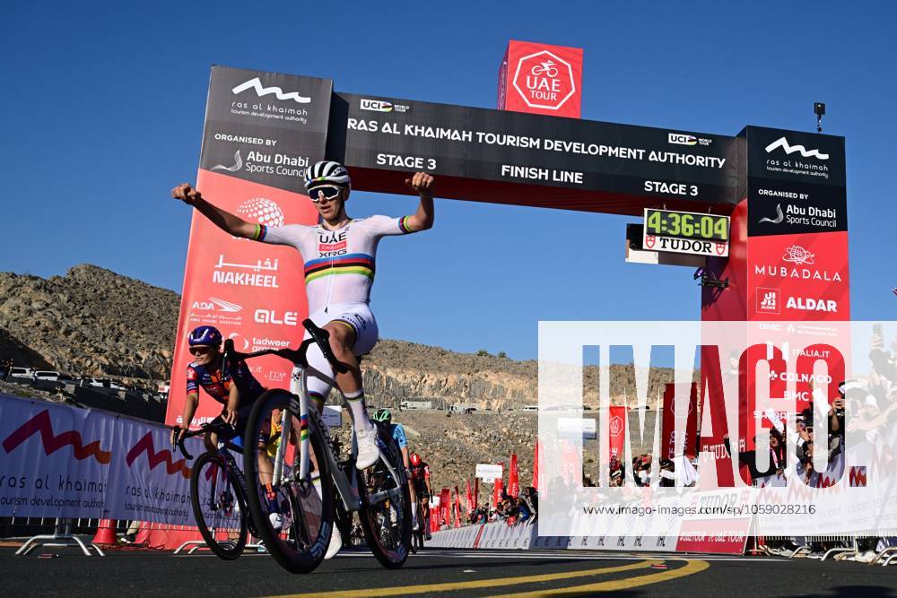 UAE Tour 2025 - Stage 3 JEBEL JAIS, UNITED ARAB EMIRATES - FEBRUARY 19 : Pogacar Tadej (SLO) of UAE Team Emirates celebrates the victory during Stage 3 of the UAE Tour 2025 cycling race with start in Ras Al Khaimah and finish in Jebel Jais (181km) on February 19, 2025 in Jebel Jais, United Arab Emirates, 19 02 2025 Jebel Jais United Arab Emirates