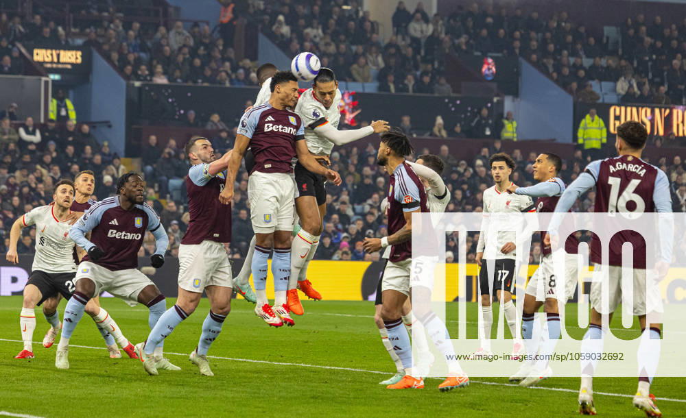 Football - FA Premier League - Aston Villa FC v Liverpool FC BIRMINGHAM, ENGLAND - Wednesday, February 19, 2025: Liverpool s captain Virgil van Dijk (R) challenges for a header during the FA Premier League match between Aston Villa FC and Liverpool FC at Villa Park. (Photo by David Rawcliffe Propaganda) BIRMINGHAM Villa Park WEST MIDLANDS ENGLAND