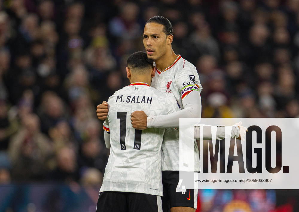 Football - FA Premier League - Aston Villa FC v Liverpool FC BIRMINGHAM, ENGLAND - Wednesday, February 19, 2025: Liverpool s Mohamed Salah (L) celebrates with team-mate captain Virgil van Dijk after scoring the first goal during the FA Premier League match between Aston Villa FC and Liverpool FC at Villa Park. (Photo by David Rawcliffe Propaganda) BIRMINGHAM Villa Park WEST MIDLANDS ENGLAND