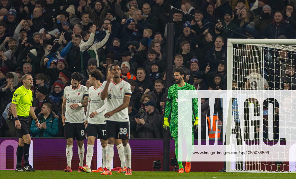 Football - FA Premier League - Aston Villa FC v Liverpool FC BIRMINGHAM, ENGLAND - Wednesday, February 19, 2025: Liverpool s goalkeeper Alisson Becker reacts as Aston Villa score the first equalising goal during the FA Premier League match between Aston Villa FC and Liverpool FC at Villa Park. (Photo by David Rawcliffe Propaganda) BIRMINGHAM Villa Park WEST MIDLANDS ENGLAND