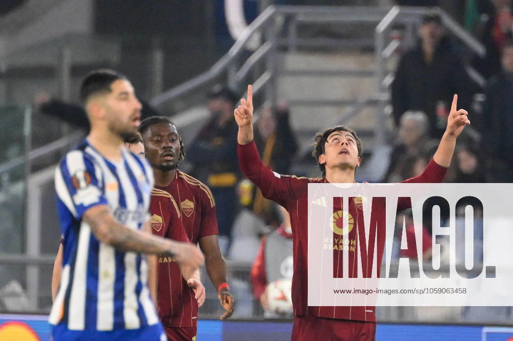 CALCIO - UEFA Europa League - AS Roma vs FC Porto Romaâ??s Paulo Dybala celebrates after scoring the goal 1-1 during the UEFA Europa League 2024-2025 football match between AS Roma vs FC Porto at the Olympic Stadium in Rome on February 20, 2025. Rome Italy