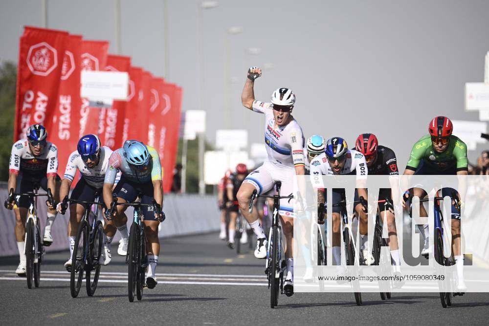 UAE Tour 2025 - Stage 5 DUBAI, UNITED ARAB EMIRATES - FEBRUARY 20 : Merlier Tim (BEL) of Soudal Quick-Step wins, Malucelli Matteo (ITA) of XDS Astana Team, Milan Jonathan (ITA) of Lidl-Trek, Welsford Sam (AUS) of Red Bull - Bora - Hansgrohe, Kogut Oded (ISR) of Israel - Premier Tech during Stage 5 of the UAE Tour 2025 cycling race with start in American University in Dubai and finish in Hamdan Bin Mohammed Smart University (160 km) on February 20, 2025 in Dubai, United Arab Emirates, 20 02 2025 Dubai United Arab Emirates