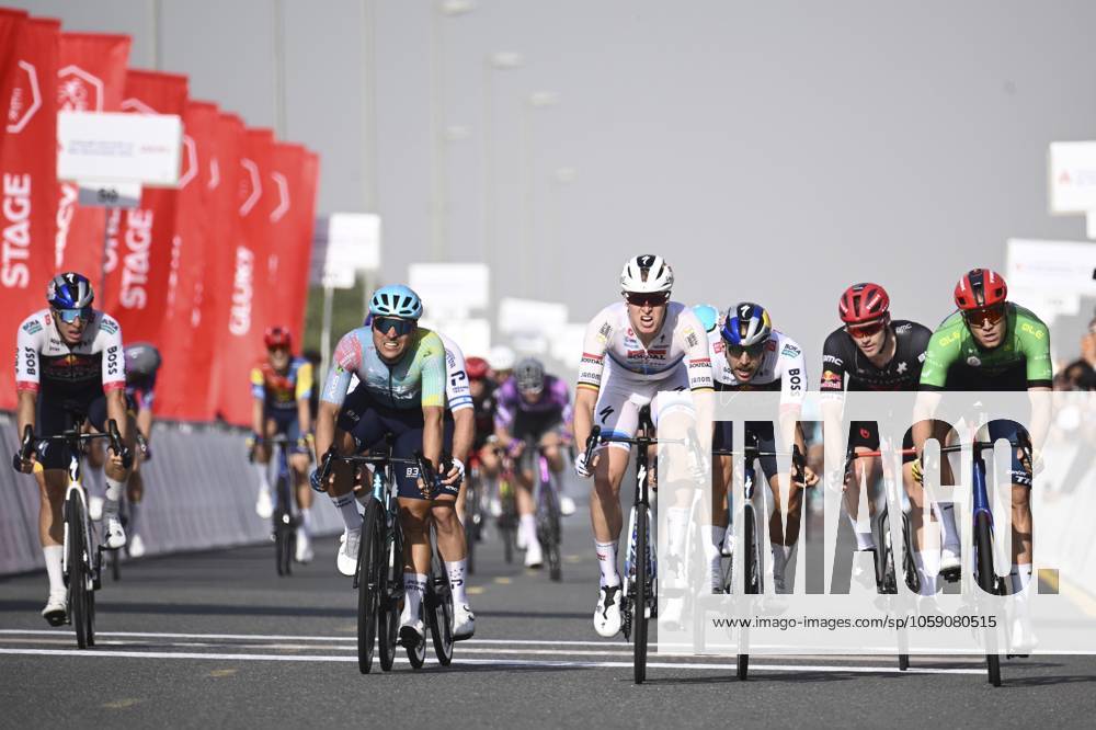 UAE Tour 2025 - Stage 5 DUBAI, UNITED ARAB EMIRATES - FEBRUARY 20 : Merlier Tim (BEL) of Soudal Quick-Step wins, Malucelli Matteo (ITA) of XDS Astana Team, Milan Jonathan (ITA) of Lidl-Trek, Welsford Sam (AUS) of Red Bull - Bora - Hansgrohe, Kogut Oded (ISR) of Israel - Premier Tech during Stage 5 of the UAE Tour 2025 cycling race with start in American University in Dubai and finish in Hamdan Bin Mohammed Smart University (160 km) on February 20, 2025 in Dubai, United Arab Emirates, 20 02 2025 Dubai United Arab Emirates