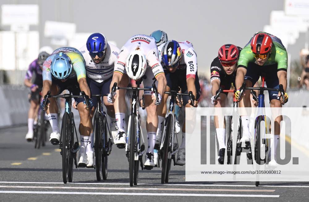 UAE Tour 2025 - Stage 5 DUBAI, UNITED ARAB EMIRATES - FEBRUARY 20 : Merlier Tim (BEL) of Soudal Quick-Step wins, Malucelli Matteo (ITA) of XDS Astana Team, Milan Jonathan (ITA) of Lidl-Trek, Welsford Sam (AUS) of Red Bull - Bora - Hansgrohe, Kogut Oded (ISR) of Israel - Premier Tech during Stage 5 of the UAE Tour 2025 cycling race with start in American University in Dubai and finish in Hamdan Bin Mohammed Smart University (160 km) on February 20, 2025 in Dubai, United Arab Emirates, 20 02 2025 Dubai United Arab Emirates