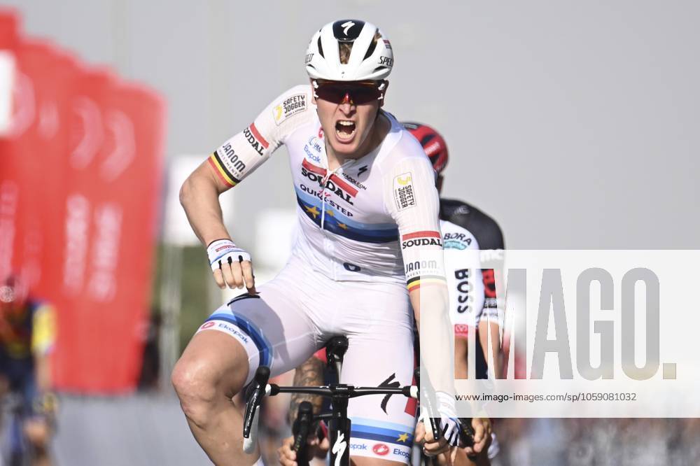 UAE Tour 2025 - Stage 5 DUBAI, UNITED ARAB EMIRATES - FEBRUARY 20 : Merlier Tim (BEL) of Soudal Quick-Step wins during Stage 5 of the UAE Tour 2025 cycling race with start in American University in Dubai and finish in Hamdan Bin Mohammed Smart University (160 km) on February 20, 2025 in Dubai, United Arab Emirates, 20 02 2025 Dubai United Arab Emirates