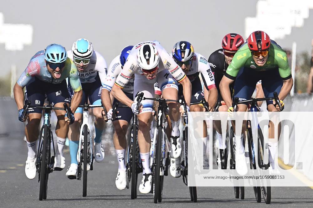 UAE Tour 2025 - Stage 5 DUBAI, UNITED ARAB EMIRATES - FEBRUARY 20 : Merlier Tim (BEL) of Soudal Quick-Step wins, Malucelli Matteo (ITA) of XDS Astana Team, Milan Jonathan (ITA) of Lidl-Trek, Welsford Sam (AUS) of Red Bull - Bora - Hansgrohe, Kogut Oded (ISR) of Israel - Premier Tech during Stage 5 of the UAE Tour 2025 cycling race with start in American University in Dubai and finish in Hamdan Bin Mohammed Smart University (160 km) on February 20, 2025 in Dubai, United Arab Emirates, 20 02 2025 Dubai United Arab Emirates