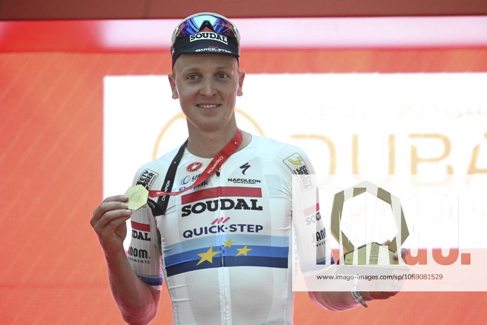 UAE Tour 2025 - Stage 5 DUBAI, UNITED ARAB EMIRATES - FEBRUARY 20 : Merlier Tim (BEL) of Soudal Quick-Step pictured during the podium ceremony of Stage 5 of the UAE Tour 2025 cycling race with start in American University in Dubai and finish in Hamdan Bin Mohammed Smart University (160 km) on February 20, 2025 in Dubai, United Arab Emirates, 20 02 2025 Dubai United Arab Emirates