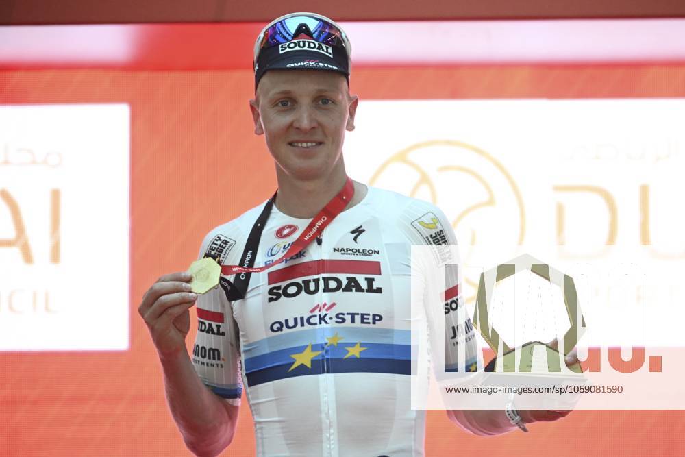 UAE Tour 2025 - Stage 5 DUBAI, UNITED ARAB EMIRATES - FEBRUARY 20 : Merlier Tim (BEL) of Soudal Quick-Step pictured during the podium ceremony of Stage 5 of the UAE Tour 2025 cycling race with start in American University in Dubai and finish in Hamdan Bin Mohammed Smart University (160 km) on February 20, 2025 in Dubai, United Arab Emirates, 20 02 2025 Dubai United Arab Emirates