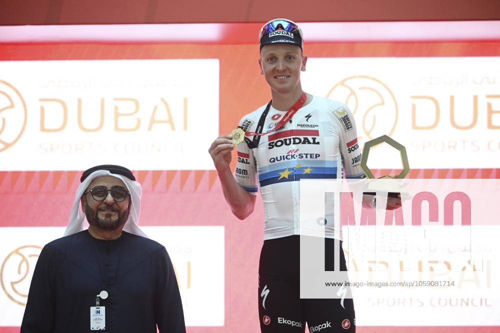UAE Tour 2025 - Stage 5 DUBAI, UNITED ARAB EMIRATES - FEBRUARY 20 : Merlier Tim (BEL) of Soudal Quick-Step pictured during the podium ceremony of Stage 5 of the UAE Tour 2025 cycling race with start in American University in Dubai and finish in Hamdan Bin Mohammed Smart University (160 km) on February 20, 2025 in Dubai, United Arab Emirates, 20 02 2025 Dubai United Arab Emirates