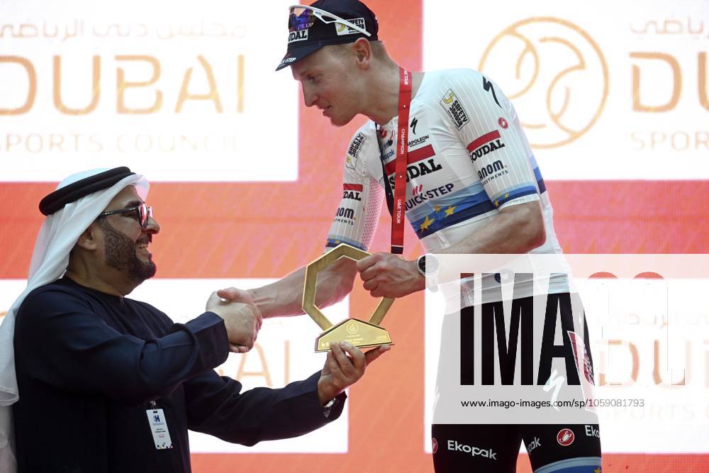 UAE Tour 2025 - Stage 5 DUBAI, UNITED ARAB EMIRATES - FEBRUARY 20 : Merlier Tim (BEL) of Soudal Quick-Step pictured during the podium ceremony of Stage 5 of the UAE Tour 2025 cycling race with start in American University in Dubai and finish in Hamdan Bin Mohammed Smart University (160 km) on February 20, 2025 in Dubai, United Arab Emirates, 20 02 2025 Dubai United Arab Emirates