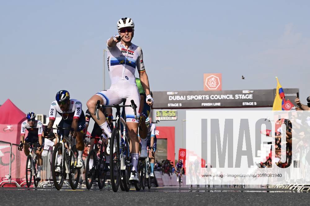 UAE Tour 2025 - Stage 5 DUBAI, UNITED ARAB EMIRATES - FEBRUARY 20 : Merlier Tim (BEL) of Soudal Quick-Step wins during Stage 5 of the UAE Tour 2025 cycling race with start in American University in Dubai and finish in Hamdan Bin Mohammed Smart University (160 km) on February 20, 2025 in Dubai, United Arab Emirates, 20 02 2025 Dubai United Arab Emirates