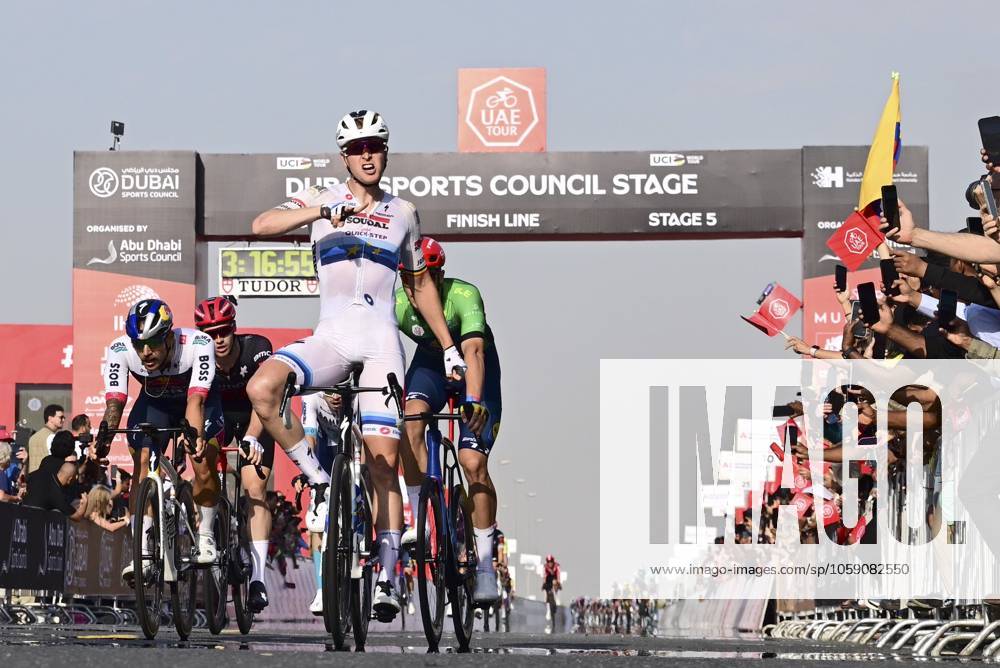 UAE Tour 2025 - Stage 5 DUBAI, UNITED ARAB EMIRATES - FEBRUARY 20 : Merlier Tim (BEL) of Soudal Quick-Step wins during Stage 5 of the UAE Tour 2025 cycling race with start in American University in Dubai and finish in Hamdan Bin Mohammed Smart University (160 km) on February 20, 2025 in Dubai, United Arab Emirates, 20 02 2025 Dubai United Arab Emirates