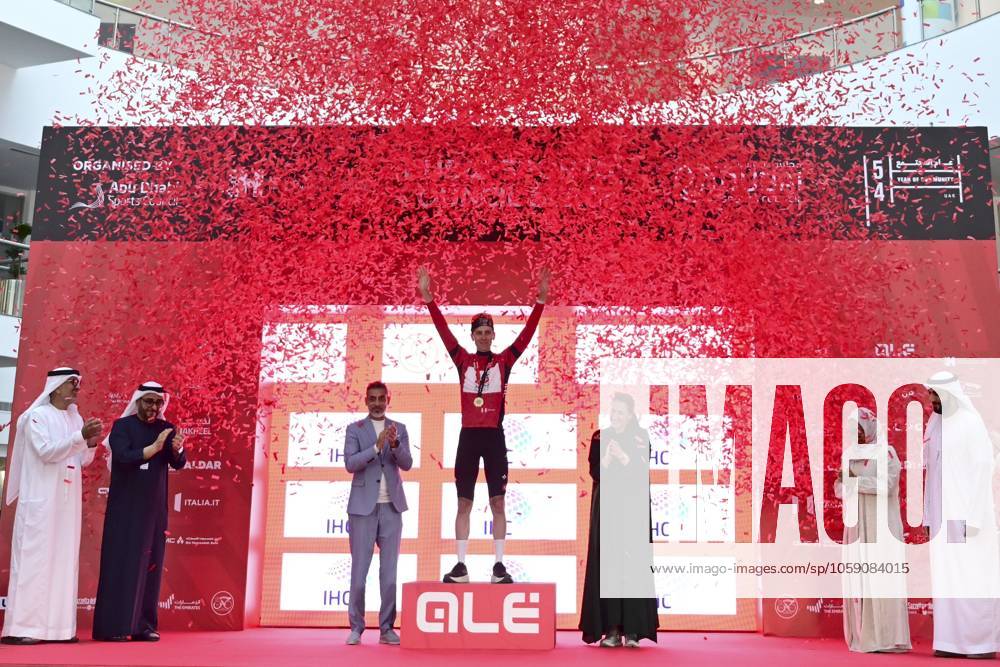 UAE Tour 2025 - Stage 5 DUBAI, UNITED ARAB EMIRATES - FEBRUARY 20 : Pogacar Tadej (SLO) of UAE Team Emirates pictured with the red jersey during the podium ceremony of Stage 5 of the UAE Tour 2025 cycling race with start in American University in Dubai and finish in Hamdan Bin Mohammed Smart University (160 km) on February 20, 2025 in Dubai, United Arab Emirates, 20 02 2025 Dubai United Arab Emirates