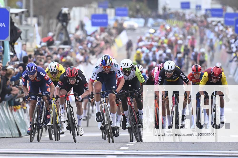 2025 Volta Algarve cycling race - Stage 3 TAVIRA, PORTUGAL - FEBRUARY 21 : Meeus Jordi (BEL) of Red Bull - Bora - Hansgrohe wins, Dainese Alberto (ITA) of Tudor Pro Cycling Team, Girmay Biniam (ERI) of Intermarche - Wanty, De Lie Arnaud (BEL) of Lotto Cycling Team, Van Uden Casper (NED) of Team Picnic PostNL, Fretin Milan (FRA) of Cofidis during stage 3 of the 51th edition of the Volta Algarve cycling race, with start in Vila Real Santo Antonio and finish in Tavira on February 21, 2025 in Tavira, Portugal, 21 02 2025 ( Motordriver Kenny Verfaillie - Tavira Portugal