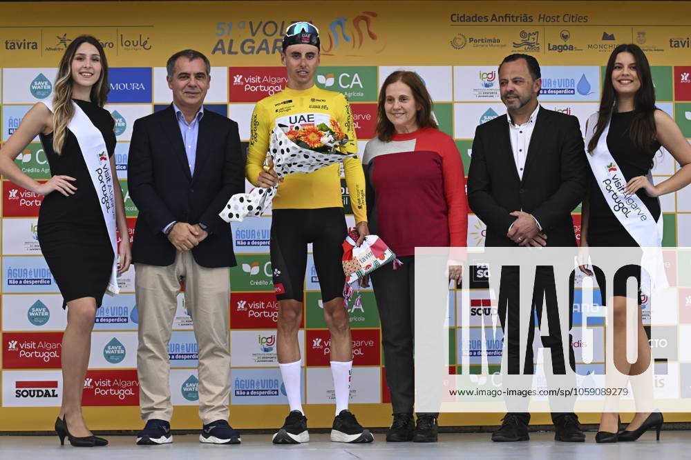 2025 Volta Algarve cycling race - Stage 3 TAVIRA, PORTUGAL - FEBRUARY 21 : Christen Jan (SUI) of UAE Team Emirates pictured with the yellow jersey during the podium ceremony of stage 3 of the 51th edition of the Volta Algarve cycling race, with start in Vila Real Santo Antonio and finish in Tavira on February 21, 2025 in Tavira, Portugal, 21 02 2025 ( Motordriver Kenny Verfaillie - Tavira Portugal