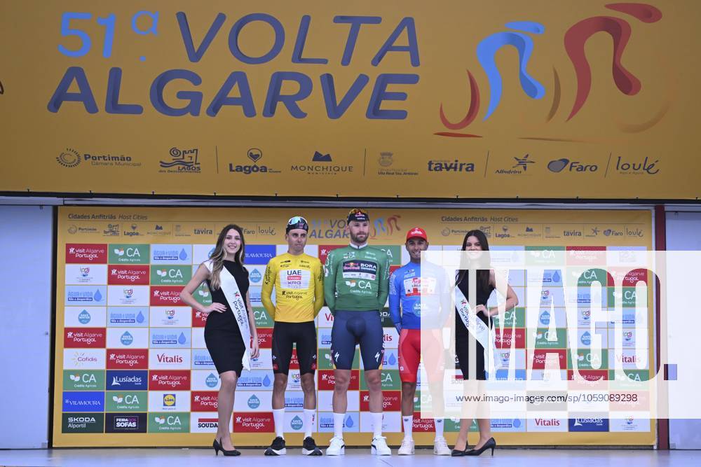 2025 Volta Algarve cycling race - Stage 3 TAVIRA, PORTUGAL - FEBRUARY 21 : Christen Jan (SUI) of UAE Team Emirates, Meeus Jordi (BEL) of Red Bull - Bora - Hansgrohe and Tivani Nicolas (BEL) of Aviludo-Louletano-Loule pictured during the podium ceremony of stage 3 of the 51th edition of the Volta Algarve cycling race, with start in Vila Real Santo Antonio and finish in Tavira on February 21, 2025 in Tavira, Portugal, 21 02 2025 ( Motordriver Kenny Verfaillie - Tavira Portugal