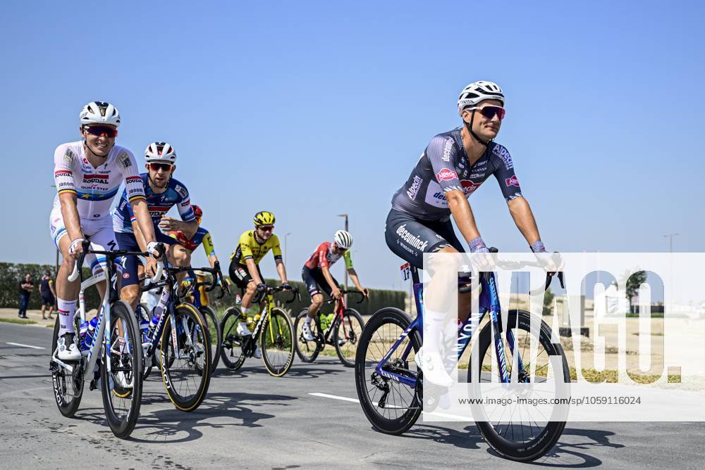 UAE Tour 2025 - Stage 6 ABU DHABI , UNITED ARAB EMIRATES - FEBRUARY 22 : Rickaert Jonas (BEL) of Alpecin-Deceuninck, Merlier Tim (BEL) of Soudal Quick-Step during Stage 6 of the UAE Tour 2025 cycling race with start in Abu Dhabi Cycling Club and finish in Abu Dhabi Breakwater (165 km) on February 22, 2025 in Abu Dhabi , United Arab Emirates, 22 02 2025 Abu Dhabi United Arab Emirates