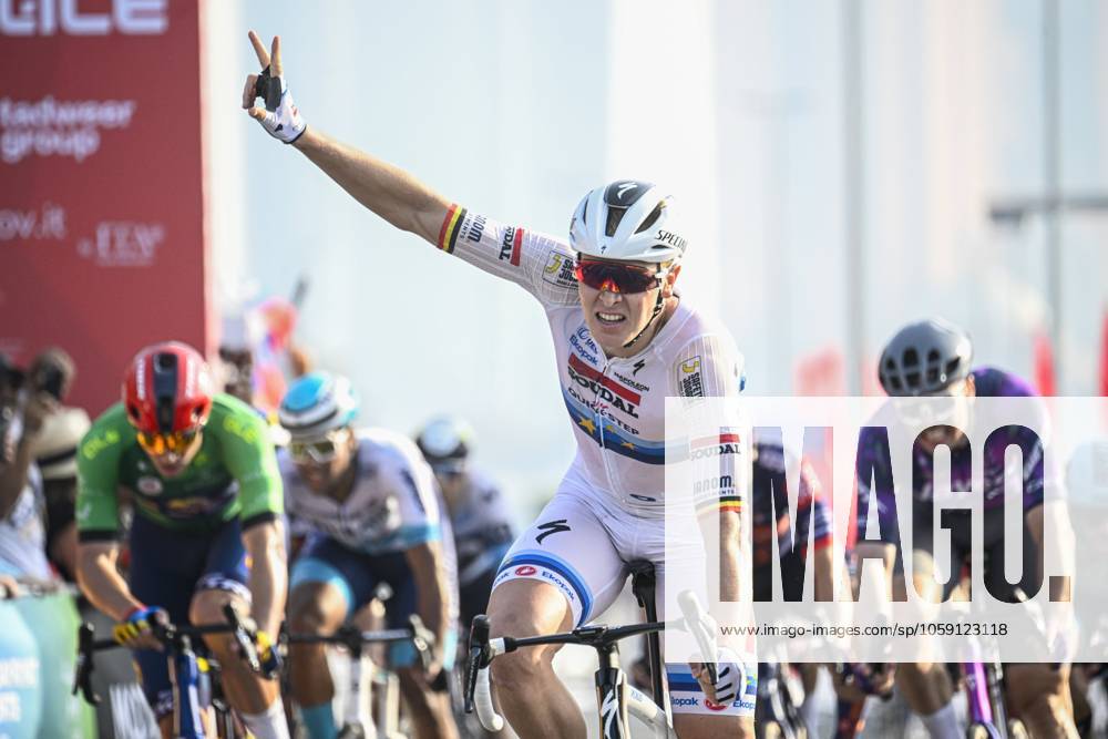 UAE Tour 2025 - Stage 6 ABU DHABI , UNITED ARAB EMIRATES - FEBRUARY 22 : Merlier Tim (BEL) of Soudal Quick-Step celebrating his victory during Stage 6 of the UAE Tour 2025 cycling race with start in Abu Dhabi Cycling Club and finish in Abu Dhabi Breakwater (165 km) on February 22, 2025 in Abu Dhabi , United Arab Emirates, 22 02 2025 Abu Dhabi United Arab Emirates