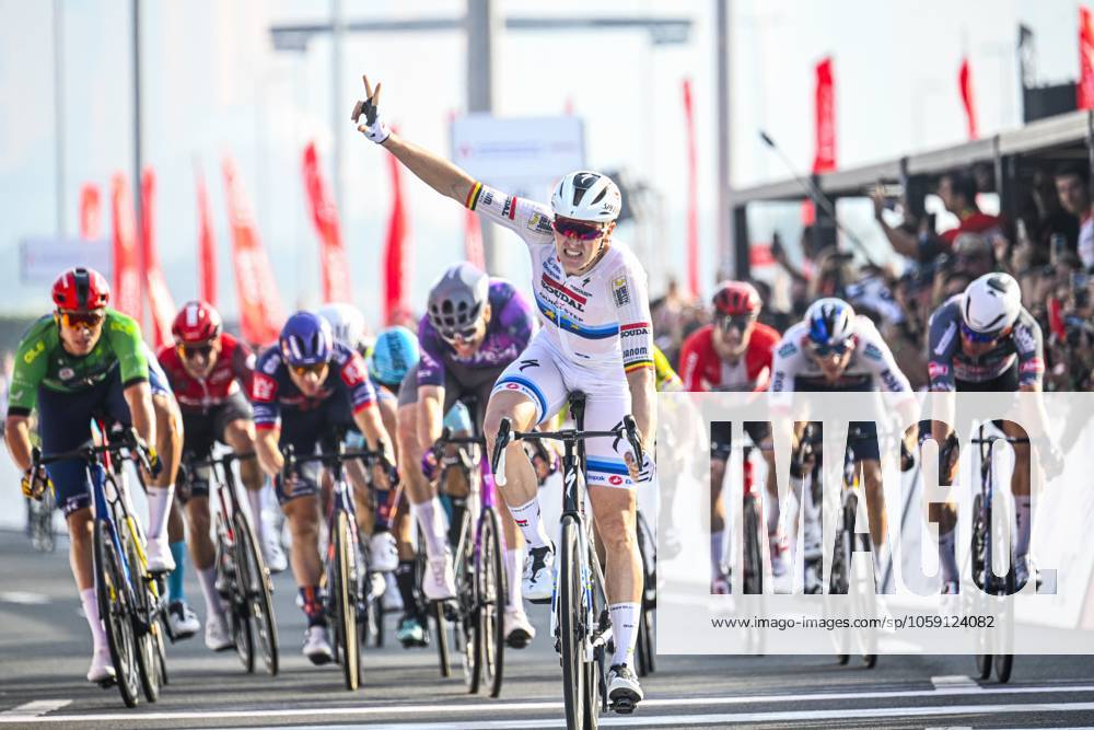 UAE Tour 2025 - Stage 6 ABU DHABI , UNITED ARAB EMIRATES - FEBRUARY 22 : Merlier Tim (BEL) of Soudal Quick-Step celebrating his victory during Stage 6 of the UAE Tour 2025 cycling race with start in Abu Dhabi Cycling Club and finish in Abu Dhabi Breakwater (165 km) on February 22, 2025 in Abu Dhabi , United Arab Emirates, 22 02 2025 Abu Dhabi United Arab Emirates