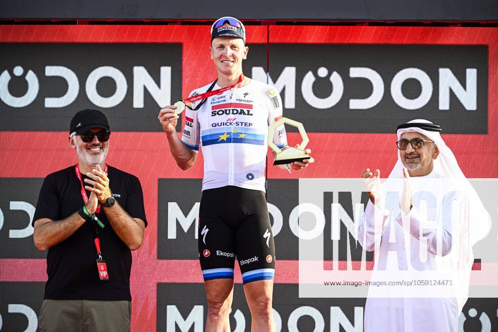UAE Tour 2025 - Stage 6 ABU DHABI , UNITED ARAB EMIRATES - FEBRUARY 22 : Merlier Tim (BEL) of Soudal Quick-Step on the podium during Stage 6 of the UAE Tour 2025 cycling race with start in Abu Dhabi Cycling Club and finish in Abu Dhabi Breakwater (165 km) on February 22, 2025 in Abu Dhabi , United Arab Emirates, 22 02 2025 Abu Dhabi United Arab Emirates