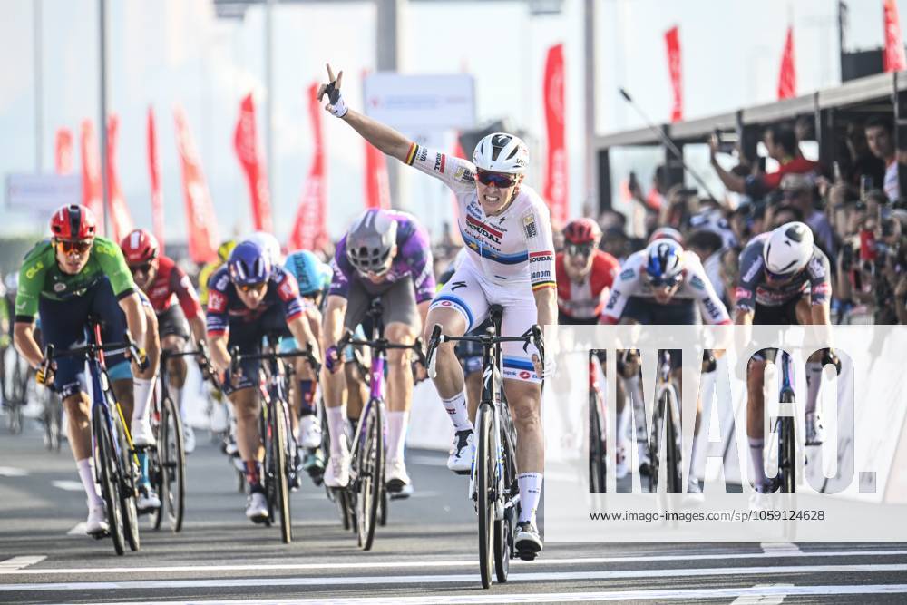UAE Tour 2025 - Stage 6 ABU DHABI , UNITED ARAB EMIRATES - FEBRUARY 22 : Merlier Tim (BEL) of Soudal Quick-Step celebrating his victory during Stage 6 of the UAE Tour 2025 cycling race with start in Abu Dhabi Cycling Club and finish in Abu Dhabi Breakwater (165 km) on February 22, 2025 in Abu Dhabi , United Arab Emirates, 22 02 2025 Abu Dhabi United Arab Emirates
