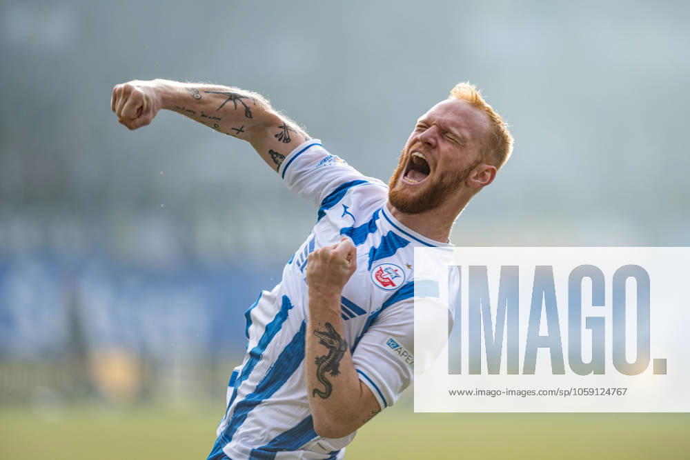 Rostock, Germany 22 February 2025 3 Liga 2024 2025 FC Hansa Rostock vs SG Dynamo Dresden In the picture Nils Fröling Froeling Hansa Rostock cheers after his goal to 1 0 DFB regulations prohibit any use of photographs as image sequences and or quasi video