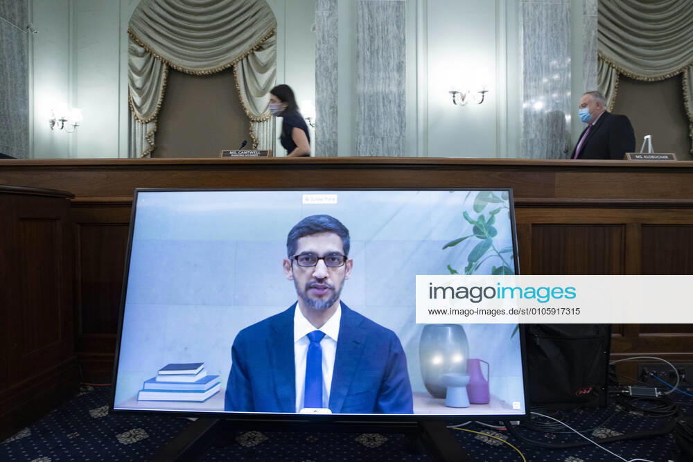(201028) -- WASHINGTON, Oct. 28, 2020 -- Sundar Pichai, CEO of Google and Alphabet, is seen on a screen during the hearing of U.S. Senate Committee on Commerce, Science, and Transportation titled Does Section 230 s Sweeping Immunity Enable Big Tech Bad Behavior? on Capitol Hill in Washington, D.C., the United States, on Oct. 28, 2020. ( via Xinhua) U.S.-WASHINGTON, D.C.-CAPITOL-HEARING-BIG TECH-CEO MichaelxReynolds Pool