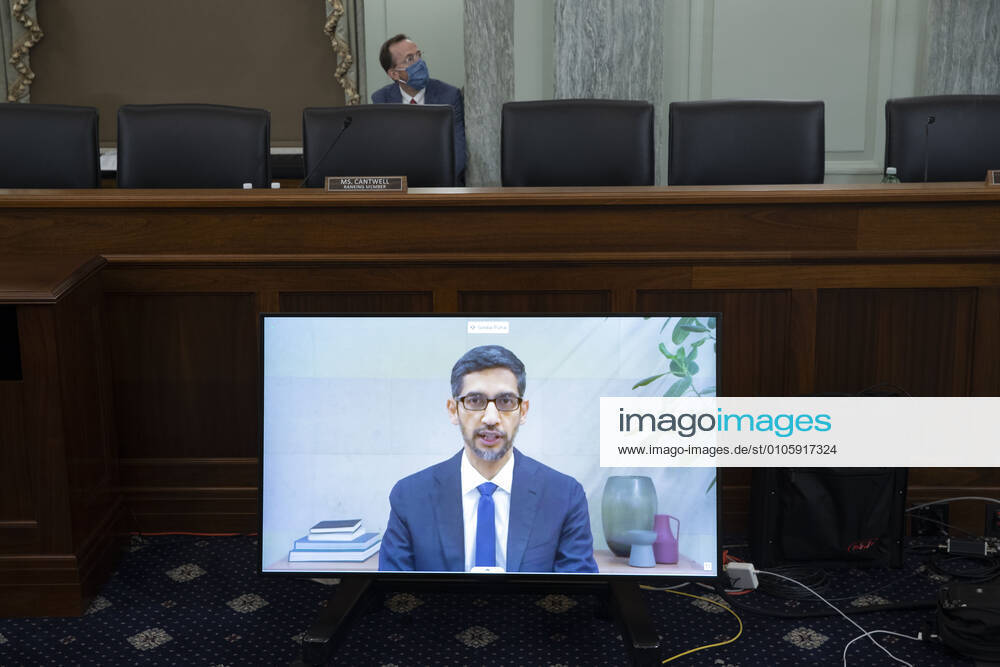 (201028) -- WASHINGTON, Oct. 28, 2020 -- Sundar Pichai, CEO of Google and Alphabet, is seen on a screen during the hearing of U.S. Senate Committee on Commerce, Science, and Transportation titled Does Section 230 s Sweeping Immunity Enable Big Tech Bad Behavior? on Capitol Hill in Washington, D.C., the United States, on Oct. 28, 2020. ( via Xinhua) U.S.-WASHINGTON, D.C.-CAPITOL-HEARING-BIG TECH-CEO MichaelxReynolds Pool